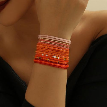 Boho Stackable Seed Beaded Bracelets for Women 18-20Pcs Colorful Handmade Multilayered Rice Bead Bracelet Set Summer Beach Bohemian Jewelry Gift - color: B-Orange(larger)