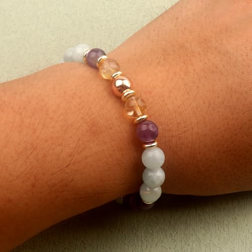 KSQS Healing Stone Bead Bracelet for Women, Natural Gemstones Balance Protection Bracelet, Spiritual Crystal Beads Bracelet Anxiety Relief with Meaning Card - color: Strength