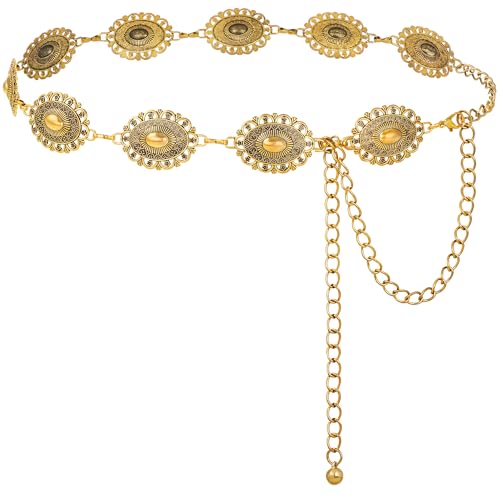FIORETTO Western Waist Chain Belt Metal Concho Belt for Women Cowgirl Cowboy Boho Country Belt for Dress Jean - color: Gold-24, size: Fit Waist Up to 42"