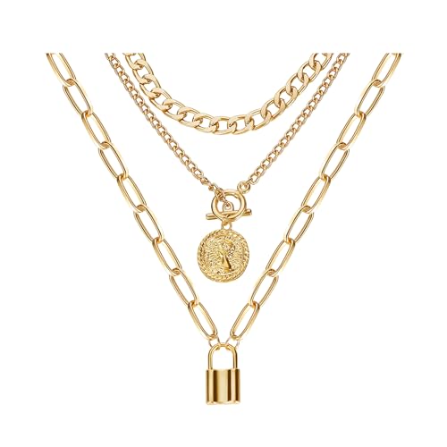 Gold Layered Necklaces for Women Chunky Stacked Necklaces for Women Trendy Retro Coin Pendant Necklace Womens Multilayer Chain Necklaces Fashion Jewelry Gifts - style: style 1