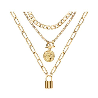 Gold Layered Necklaces for Women Chunky Stacked Necklaces for Women Trendy Retro Coin Pendant Necklace Womens Multilayer Chain Necklaces Fashion Jewelry Gifts - style: style 1