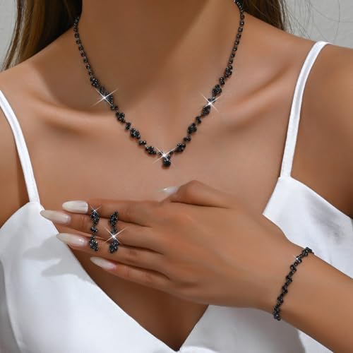 Prom Earrings Necklace Bracelet Set Elegant Crystal Rhinestone Necklace Earrings Bracelet Bridal Wedding Prom Dresses Costume Outfit Gold Jewelry Sets for Women - color: Black
