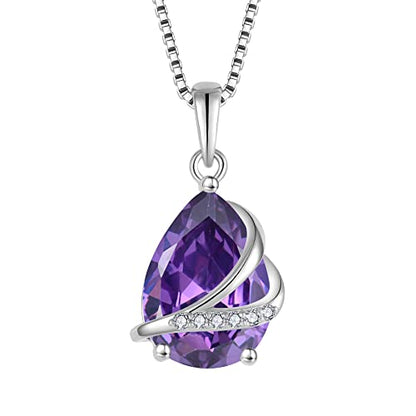 Birthstone Pendant Necklace 925 Sterling Silver Teardrop Jewelry for Women - color: Purple