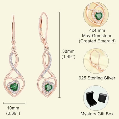 Infinity Heart Rose Gold Jewelry Set for Women 925 Sterling Silver Emerald Necklace and Earrings Set May Birthstone Jewelry Gifts