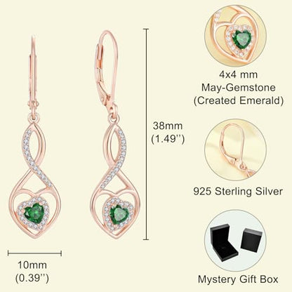 Infinity Heart Rose Gold Jewelry Set for Women 925 Sterling Silver Emerald Necklace and Earrings Set May Birthstone Jewelry Gifts