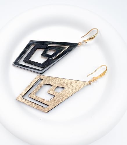 Ozel - Natural Wooden Acrylic Boho Drop Dangle Earrings for Women - Geometric Statement Jewellery - Brown, Black, Magent Red, Olive Green, White beige - color: Diamond_Black