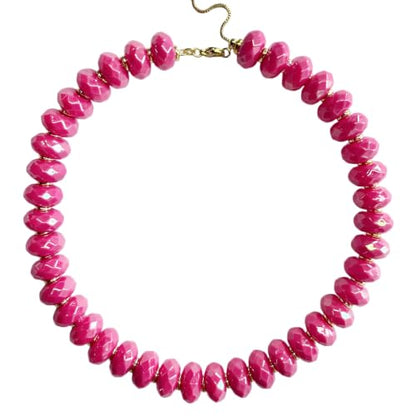 Colorful Chunky Acrylic Beaded Choker Necklaces for Women | Multicolor Faceted Beads, Sturdy Metal Chain, Adjustable Detachable, Lightweight, Summer Boho, Sparkly Statement Jewelry Gift - color: Rose Red