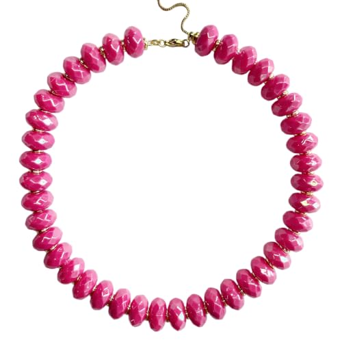 Colorful Chunky Acrylic Beaded Choker Necklaces for Women | Multicolor Faceted Beads, Sturdy Metal Chain, Adjustable Detachable, Lightweight, Summer Boho, Sparkly Statement Jewelry Gift - color: Rose Red