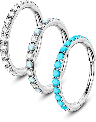 OUFER Turquoise CZ Opal Nose Rings for Women, 316L Surgical Steel 6MM Nose Rings Hoops, Silver Hinged Segment Septum Lip Eyebrow Cartilage Conch Rook Helix Tragus Daith Piercing Jewelry-6/7/8MM - color: Silver, Turqoise, Opal, CZ