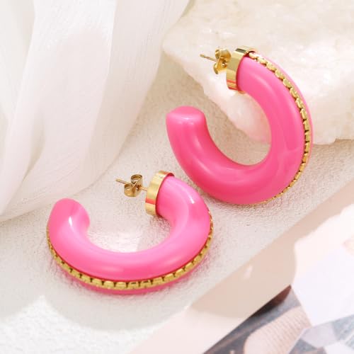Gold Plated Resin Chunky Hoop Earrings Hypoallergenic Push Back Hoops for Sensitive Ears - color: Hot Pink