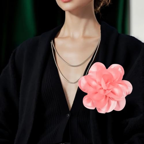 Large Rose Flower Brooches Chiffon Camellia Brooch Lapel Pins Hair Clips Hat Pins for Women Wedding Banquet Accessories Large Satin Flowers 5.5in - color: Pink 2