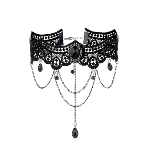 PINK TOWN Gothic Lace Choker Necklace for Women,Vintage Red Black Crystal Pendant Necklaces Punk Style Vampire Necklace Hollowed Out Layer Necklaces Halloween Jewelry Accessories - color: Black1