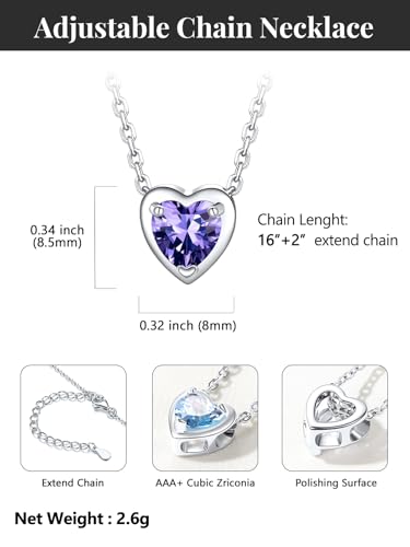 Silvora Heart/Round Birthstone Necklace for Women, Sparkling Crystal Pendant, Dainty Birth Month Jewelry, Adjustable 16"+2" Chain - color: Silver, style: February Heart