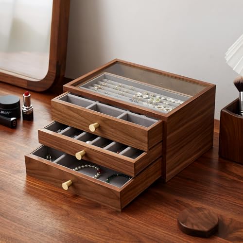 Black Walnut Jewelry Organizer, 3 Layer | Wooden Jewelry Box, For Women, For Necklaces Ring Earring - size: 3 Layer