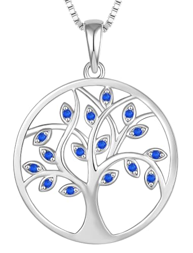 YL 925 Sterling Silver Tree of Life Necklace for Women Round Tree Pendant Birthstone Jewelry for Mom - color: 09-sapphire-Sept