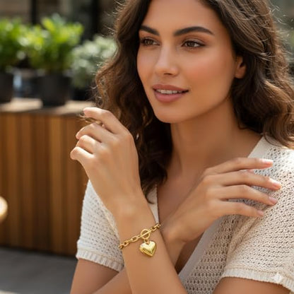 18K Gold Plated Chunky Link Chain Heart Pendant Jewelry for Women, Fashion Statement Accessory, Birthday Gift for Her - color: Gold-Bracelet