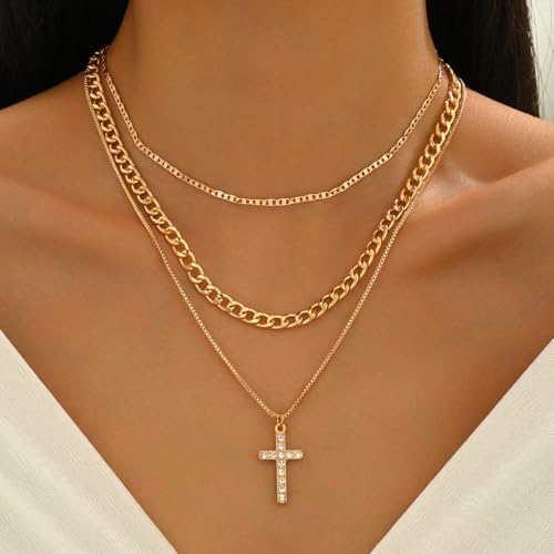 Necklace 14K Gold Plated Three-Layer Sparkling Cross Pendant Elegant Timeless Design Lobster Clasp Adjustable Extender - style: 14K Gold 3-Layered Cross with Diamond