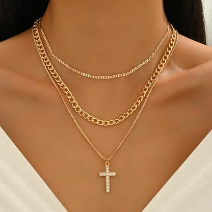 Necklace 14K Gold Plated Three-Layer Sparkling Cross Pendant Elegant Timeless Design Lobster Clasp Adjustable Extender - style: 14K Gold 3-Layered Cross with Diamond