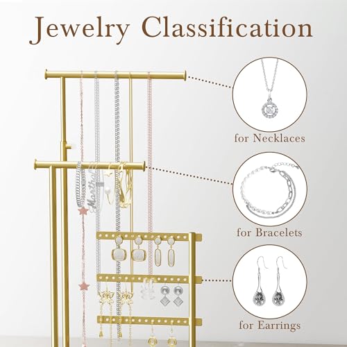 susswiff Jewelry Holder Organizer Stand - Adjustable Tall 17.5" (Max), Sturdy Jewelry Hanger for Necklaces, Earrings, Bracelets, Rings, Jewlery Display and Storage, Gold and White, Metal - color: Gold