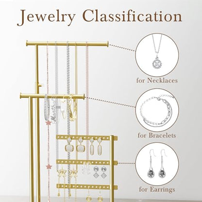 susswiff Jewelry Holder Organizer Stand - Adjustable Tall 17.5" (Max), Sturdy Jewelry Hanger for Necklaces, Earrings, Bracelets, Rings, Jewlery Display and Storage, Gold and White, Metal - color: Gold