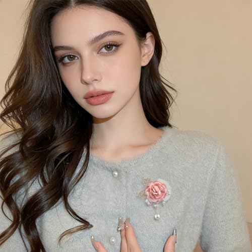 Handmade Elegant Red Rose Flower Brooch Pin for Women Crystal Pearl Fabric Flower Lapel Pin Dress Suit Accessories - color: Pink B