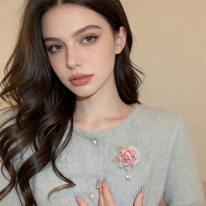 Handmade Elegant Red Rose Flower Brooch Pin for Women Crystal Pearl Fabric Flower Lapel Pin Dress Suit Accessories - color: Pink B