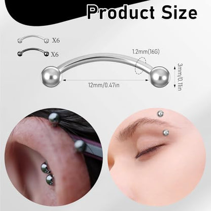 12pcs Curved Barbell Piercing Jewelry 16g Eyebrow Rook Piercing Jewelry | with 3mm Balls Stainless Steel Vertical Labret Lip Eyebrow Rings Tragus Helix Belly Lip Ring Body Piercings - color: Silver Black