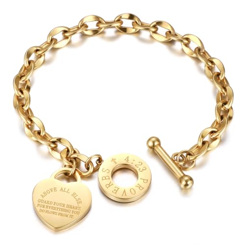 Emibele Heart Charm Bracelet for Women, Bible Verse Bracelet Stainless Steel 18K Gold Plated Bracelet Love Pendant Link Chain OT Clasp, Birthday Christmas Jewelry Gift for Mother Her - color: 14K Gold Plated
