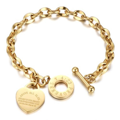 Emibele Heart Charm Bracelet for Women, Bible Verse Bracelet Stainless Steel 18K Gold Plated Bracelet Love Pendant Link Chain OT Clasp, Birthday Christmas Jewelry Gift for Mother Her - color: 14K Gold Plated