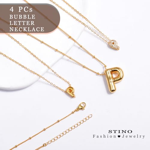stino 4PCs Bubble Initial Letter Necklace Set, No Tarnish 14K Gold Plated Alphabet Pendant, Jewelry for Women - style: P
