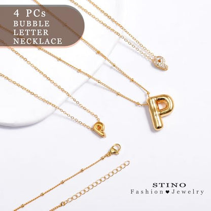 stino 4PCs Bubble Initial Letter Necklace Set, No Tarnish 14K Gold Plated Alphabet Pendant, Jewelry for Women - style: P