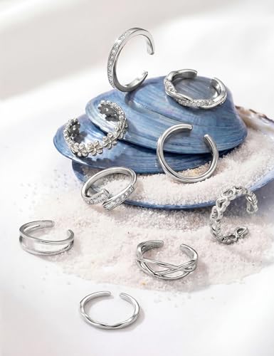 sailimue Gold Filled Toe Rings for Women Non Tarnish Adjustable Silver Ring | 9Pcs 14K Gold Filled Toe Rings Waterproof Summer Beach Foot Jewelry Hypoallergenic Stacking Band Stackable Ring - color: Silver