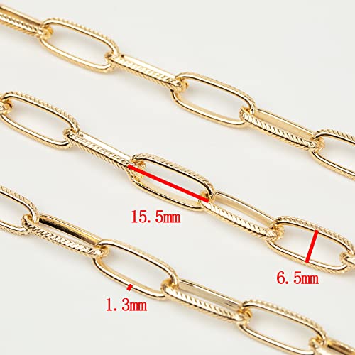 16.4 Feet Aluminum Oval Light Gold Chains for Jewelry Making Unwelded Textured Paperclip Link Cable Chain Roll Necklace Chains Bulk with Lobster Clasps and Jump Rings - color: 6.5×15.5mm-Gold