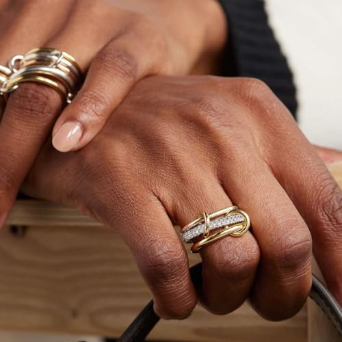 BKC Gold Stackable Rings for Women, 14k Gold Plated Chunky Statement Cubic Zirconia Rings, Silver Gold Multi Ring Interlocking Mixed Metals Stack Rings Set Non Tarnish - color: Modernist set, size: 9