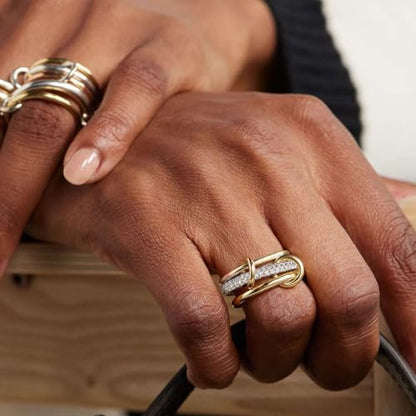 BKC Gold Stackable Rings for Women, 14k Gold Plated Chunky Statement Cubic Zirconia Rings, Silver Gold Multi Ring Interlocking Mixed Metals Stack Rings Set Non Tarnish - color: Modernist set, size: 9