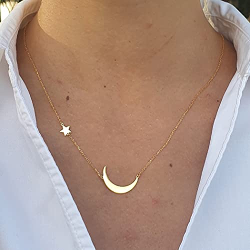 Dainty Moon and Star Pendant Necklace for Women 14K Gold Crescent Moon Long Necklace Delicate Tiny Star Charm Necklace Minimalist Jewelry - style: Sideways Moon+Star-GD