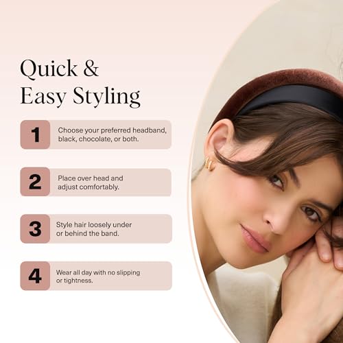 Kitsch Velvet & Satin Headbands for Women - Black & Chocolate, 2pc Set | Non Slip, Soft and Lightweight – Stylish Headbands for Girls with Chic Neutral Shades – Ideal Gifts for Women - color: Black & Chocolate