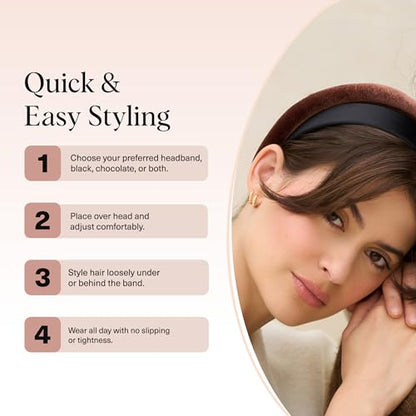 Kitsch Velvet & Satin Headbands for Women - Black & Chocolate, 2pc Set | Non Slip, Soft and Lightweight – Stylish Headbands for Girls with Chic Neutral Shades – Ideal Gifts for Women - color: Black & Chocolate