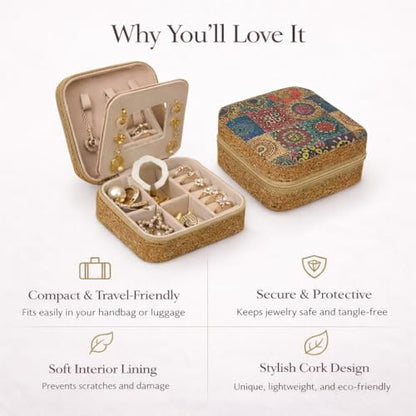 Vibrant Mandala Cork Jewelry Case – Small Square Zip Organizer for Women – Stylish Gift for Travel and Vanity (Floral) - style: Floral Fantasy