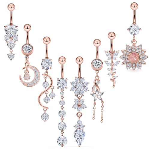 Vsnnsns 14G Dangle Belly Button Ring Piercing Jewelry 316L Stainless Surgical Steel Navel Rings Cubic Zirconia Heart Flower CZ Dangling Belly Button Ring Piercing Jewelry for Women 14 Gauge - color: Rose Gold Tone B