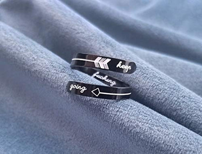 Opening Black Keep Going ring Stainless Steel Adjustable Never give up Jewelry Inspirational Opening Stacking Cute Hiphop Band - style: Keep Going