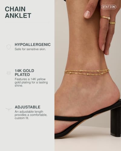 PAVOI 14K Gold Plated Anklet for Women - Trendy Link Chain Ankle Bracelet Summer Jewelry - Boho Dainty Anklets with Cubic Zirconia, Beaded, Evil Eye, Star, Station, Pearls Adjustable Gold Jewelry - style: Beaded