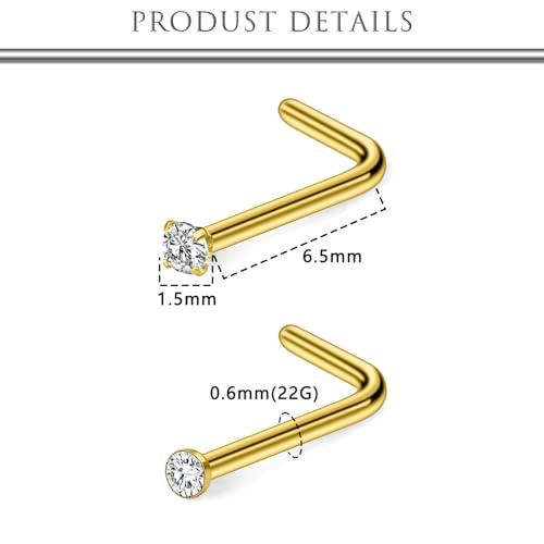 Hoeudjo Nose Studs Surgical Steel Cubic Zirconia Nose Rings Kit for Women Men Tiny Nose Stud Screw & Bone & L Shaped Nostril Piercing Jewelry 24-18 Gauge 20 Pieces Set - color: gold-tone,L-shaped nose studs, size: 22g/1.5mm clear CZ