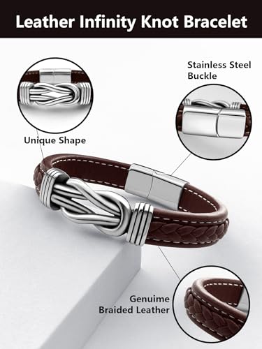 Mens Black Braided Leather Bracelet, Green/Red/Brown/Black Braided Leather Infinity Knot Bracelets for Men with Stainless Steel Clasp, 7.5/8.5/9in Length - color: 03-Brown
