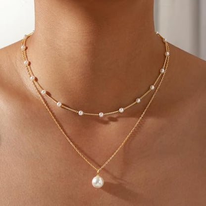 Ritach Pearl Necklaces for Women - Real Gold Plated Dainty Pearl Necklace Daisy Round Drop Pearl Choker Necklace Layered Gold Necklace for Women Teen Girls Bridesmaid Wedding Birthday Gifts - style: Gold-Layered Satellite Pearl