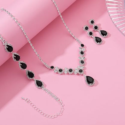 Paxuan Silver/Gold Rhinestone Crystal Wedding Bridal Bridesmaids Earrings Bracelet Set for Women Brides Bridesmaids Crystal Rhinestone Bracelet Earrings Set for Wedding Bridal Prom Pageant - color: Black