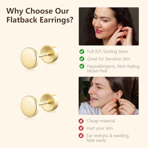 JIAYIQI Minimalist 925 Sterling Silver Stud Earrings Set, 14K Gold Plated Hypoallergenic Tiny Bar Dot Heart Star Studs for Women & Men - style: Gold-Dot-Flatback-1 Pair
