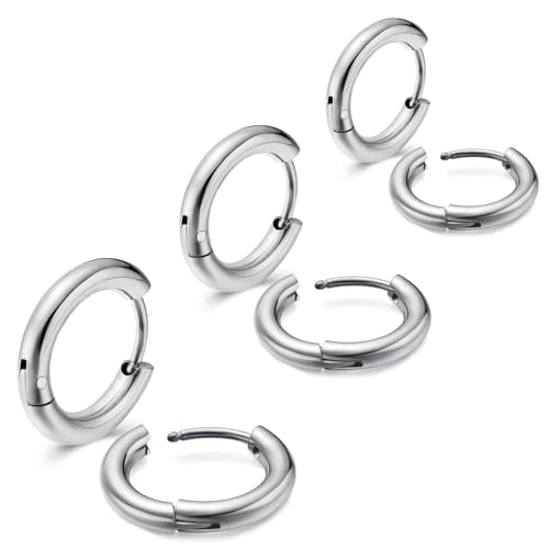 3 Pairs 316L Stainless Steel Small Black Silver Hoop Earrings 8mm 10mm 12mm Hypoallergenic Surgical Earring Cartilage Helix Lobes Hinged Sleeper Ear Jewelry For Men Women - color: silver