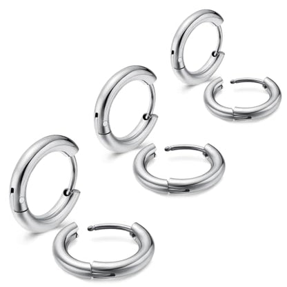 3 Pairs 316L Stainless Steel Small Black Silver Hoop Earrings 8mm 10mm 12mm Hypoallergenic Surgical Earring Cartilage Helix Lobes Hinged Sleeper Ear Jewelry For Men Women - color: silver