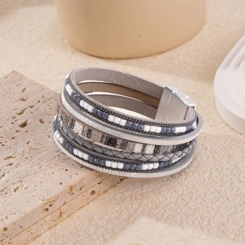 Wrapped Bracelets for Women,Leather Boho Bracelets for Women - color: Boho-Grey